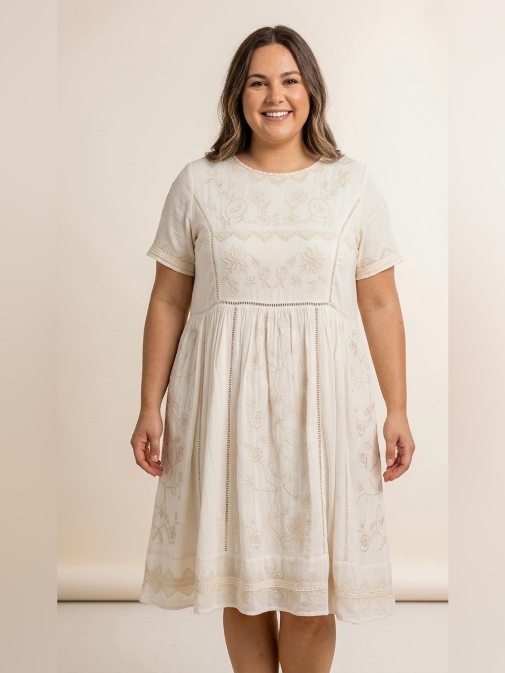 ROOLEE Ivory Cotton BOHO Embroidered Cottagecore Midi Dress Size L
